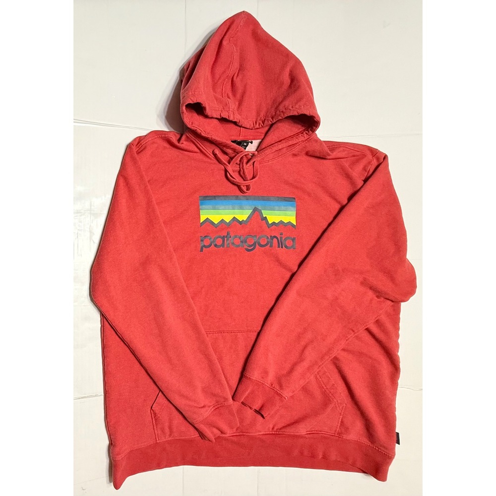 Patagonia Mens XXL Red Organic Cotton Fitz Roy Rainbow Logo‎ Hoodie Sweatshirt